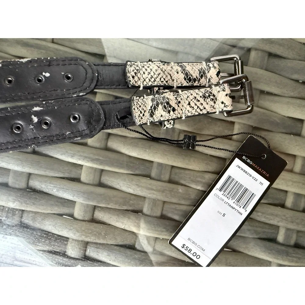 NWT BCBGMAXAZRIA Belt Snakeskin Print Double Buckle Light Tan Python Small